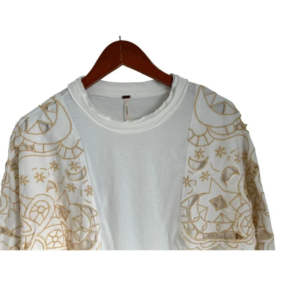 Free People Angel Embroidered Flutter Sleeve Cotton T-Shirt White - XS - Picture 5 of 12